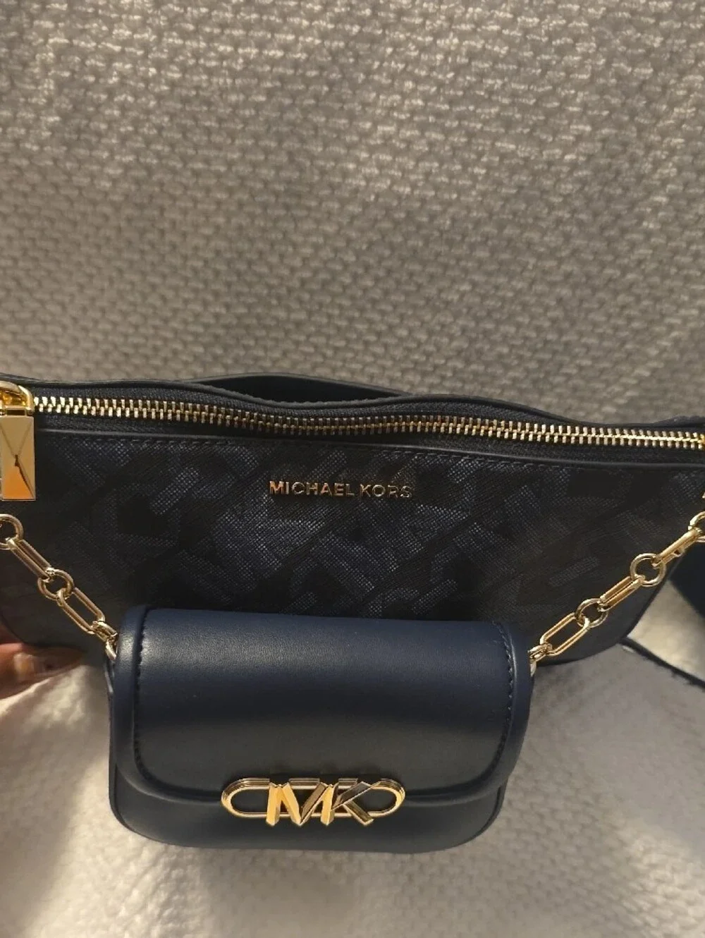 Michael Kors Navy Logo Crossbody with Gold Chain